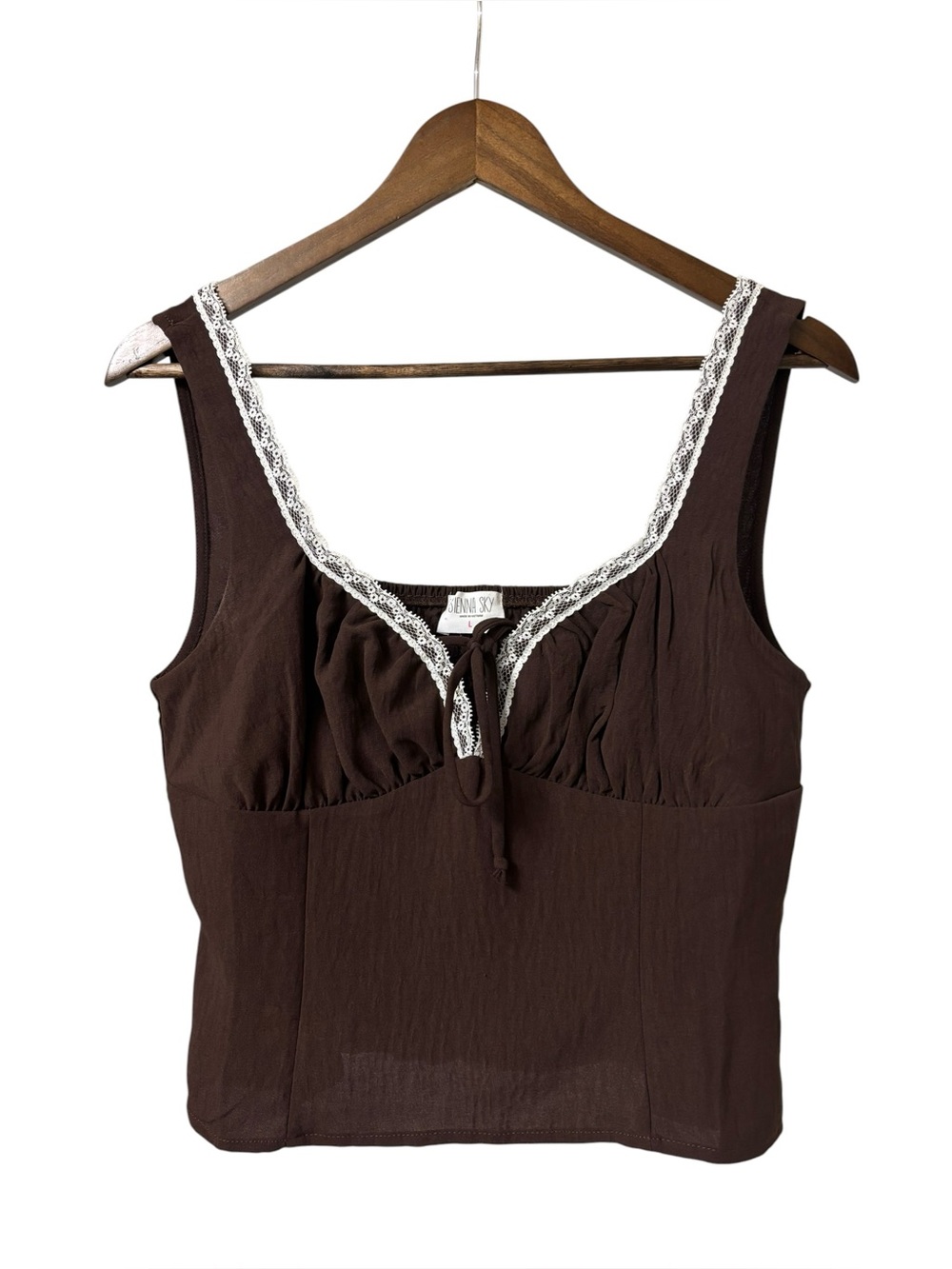 Sienna Sky chocolate brown lace trim tie front cami shirred back tank top size L